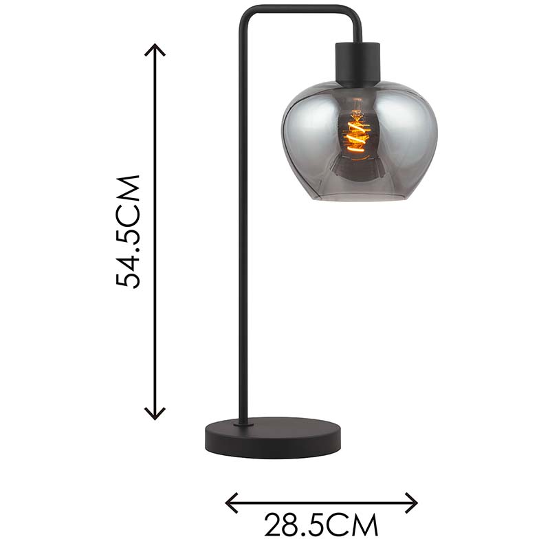 Lampe de table élégante en verre soufflé à la main de couleur fumée avec base en acier noir mat