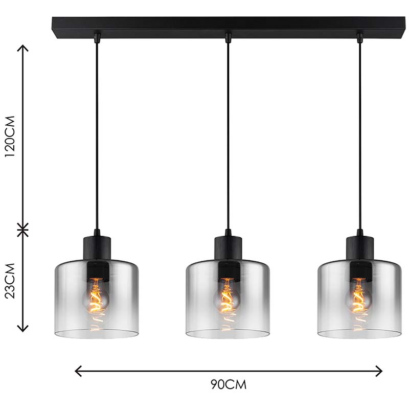 Suspension Linéaire Moderne Gradient Verre Fumé Suspension Ronde 3lys Côte à Côte E27 Dim