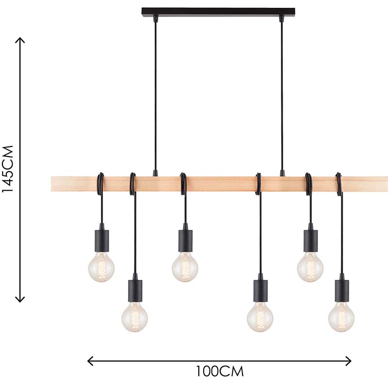 Lustre de conception en bois industriel élégant moderne décoratif réglable Nature bois suspension lumière 6lys E27