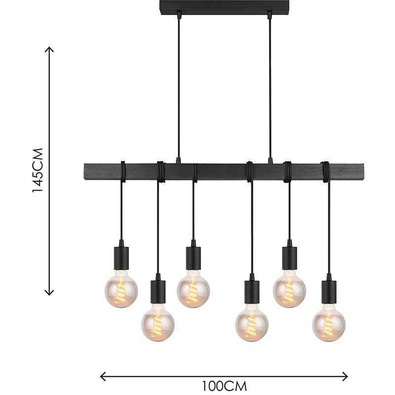 Lustre de conception en bois industriel élégant moderne décoratif réglable en bois noir pendentif lumière 6lys E27