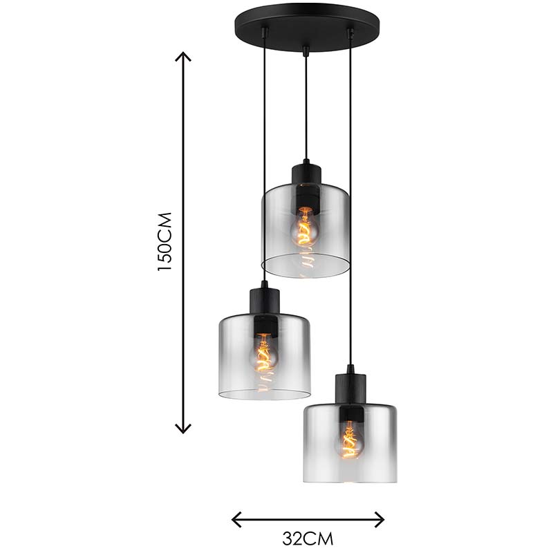 Moderne Linéaire Suspendu Plafonnier Gradient Fumée Verre Réglable Rond Pendentif Lumière 3lys E27 Dim