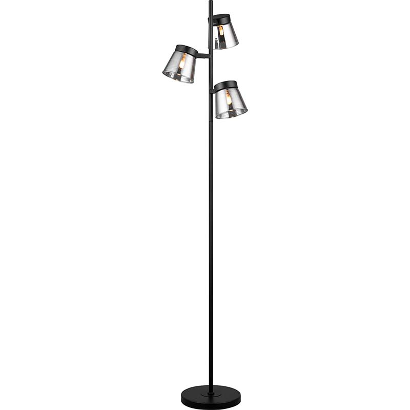 Lampadaire noir au design simple avec abat-jour en verre fumé et éclairage G9