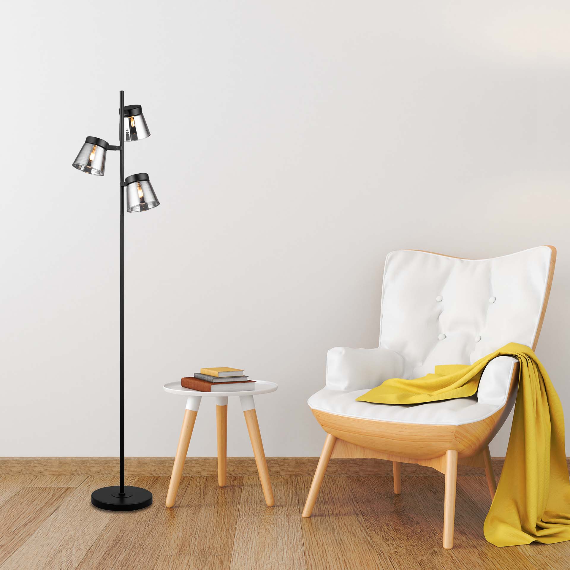 Lampadaire noir au design simple avec abat-jour en verre fumé et éclairage G9